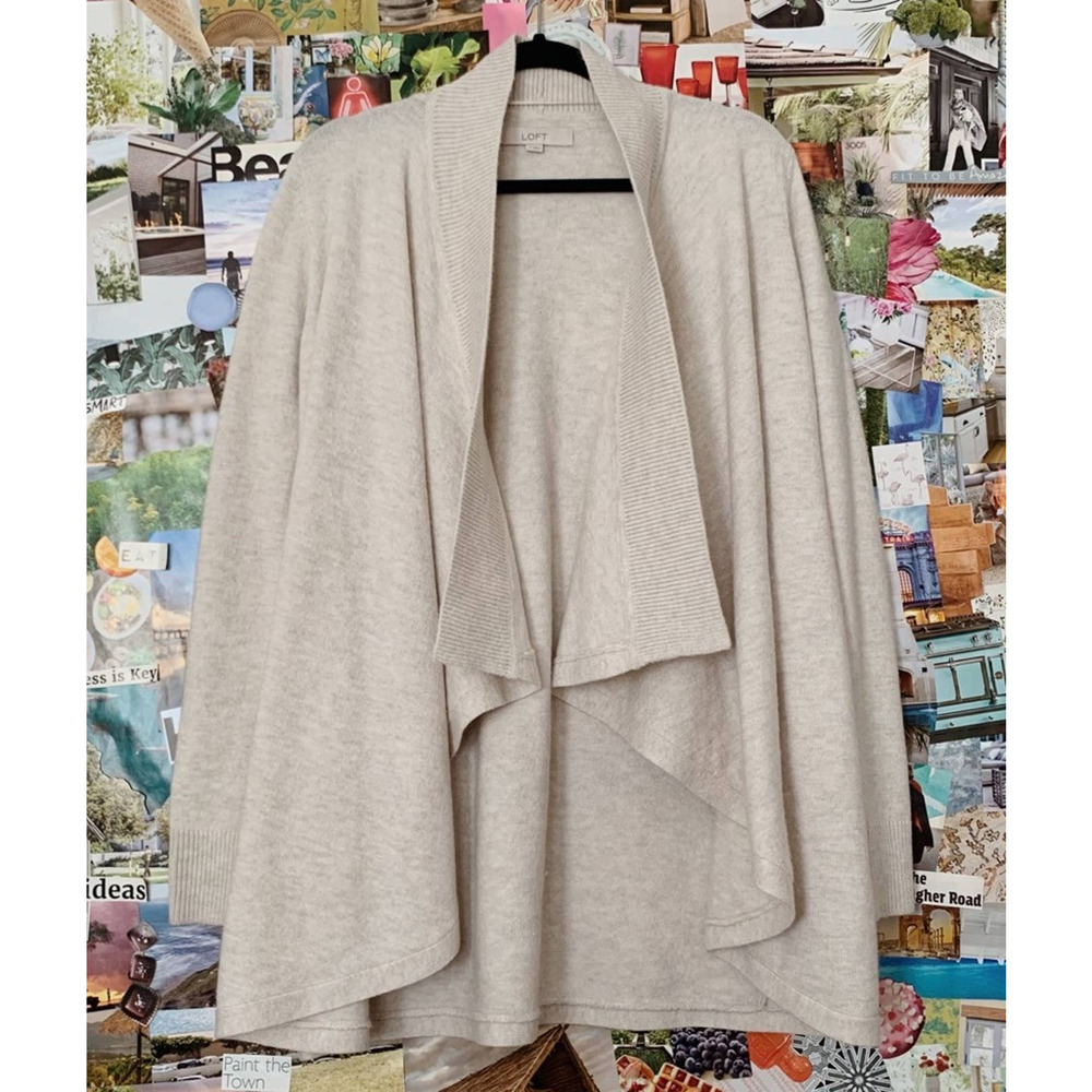 Cream LOFT Wool Blend Waterfall Open Front Cardigan Sweater S